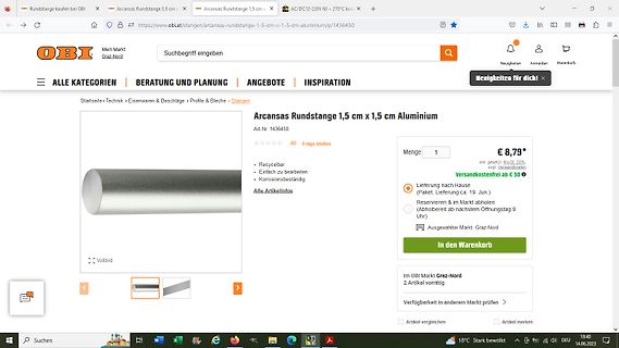 Produktseite einer Aluminium-Rundstange im Onlineshop