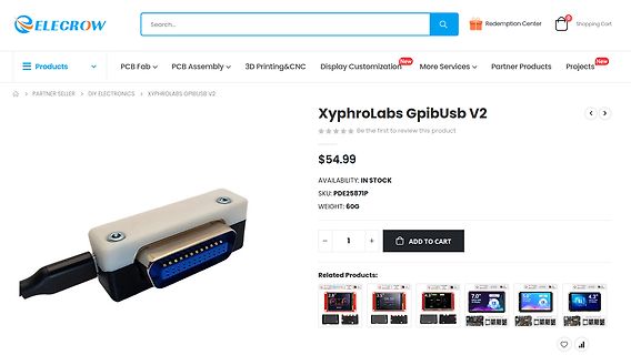 Produktseite von XyphroLabs GpibUsb V2 auf Elecrow