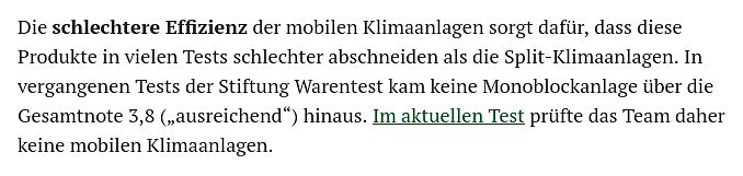 Textausschnitt über Effizienz mobiler Klimaanlagen