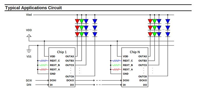 Schaltplan einer LED-Ansteuerung mit mehreren Chips