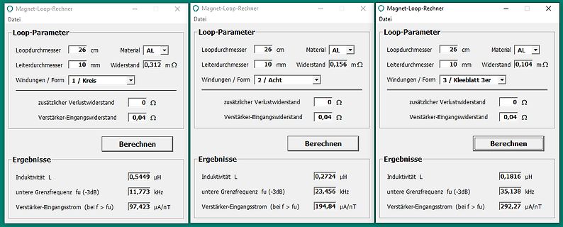 Magnet-Loop-Rechner Software mit Parametern und Ergebnissen