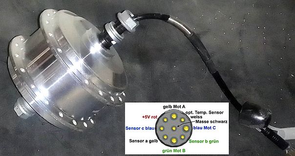 Motor mit Anschlusskabel und Pinbelegung
