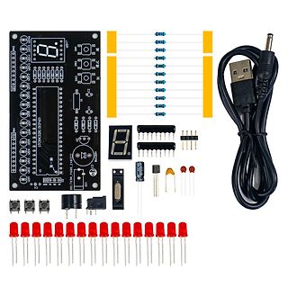Elektronik-Bausatz mit Leiterplatte, LEDs, Widerständen und USB-Kabel