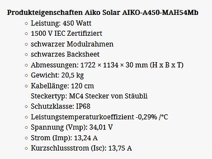 Technische Daten eines Aiko Solar Solarmoduls