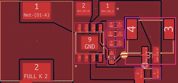 PCB-Layout Ausschnitt mit Leiterbahnen und Beschriftungen