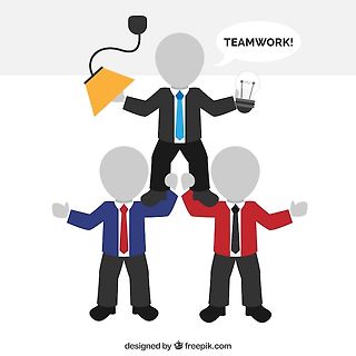 Comic-Illustration von Teamwork mit Glühbirne und Lampe