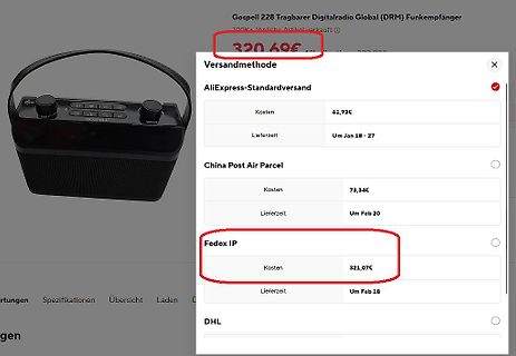Abfotografierter Bildschirm einer AliExpress Versandoptionen