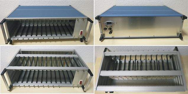 Vier Ansichten eines Metallgehäuses mit Einschüben