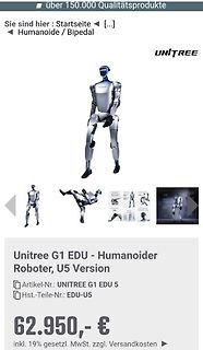 Webseite eines Unitree G1 EDU Humanoiden Roboters