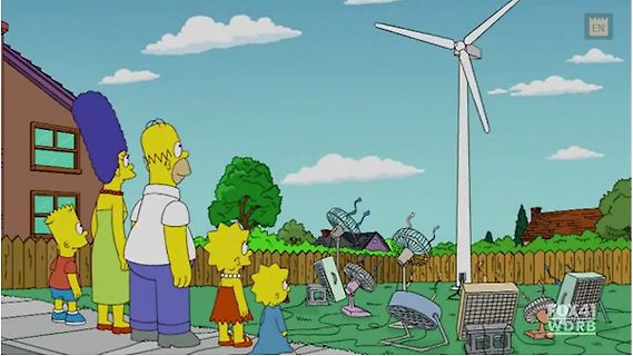 Simpsons-Charaktere vor Windrad und Ventilatoren