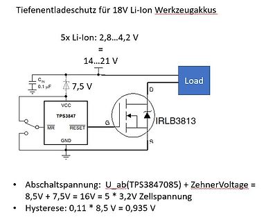 Schaltplan Tiefentladeschutz für 18V Li-Ion Akkus