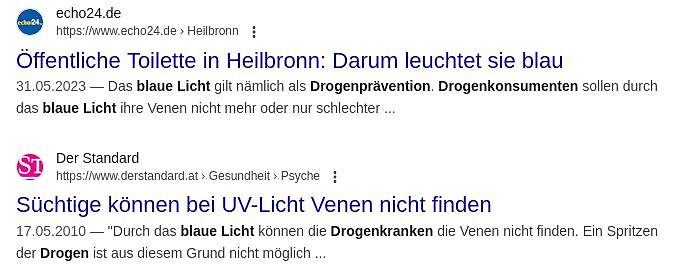 Google-Suchergebnisse zu blauem Licht und Venen