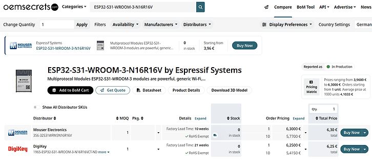 Screenshot eines Online-Shops für ESP32-Module
