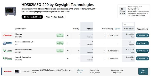 Screenshot eines Online-Shops für ein Keysight Oszilloskop