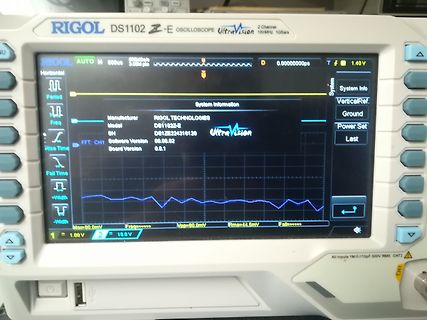 Abfotografiertes Rigol DS1102Z-E Oszilloskop mit Wellenform