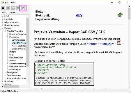Hilfe-Seite der Software EleLa zur CAD CSV/STK Importfunktion