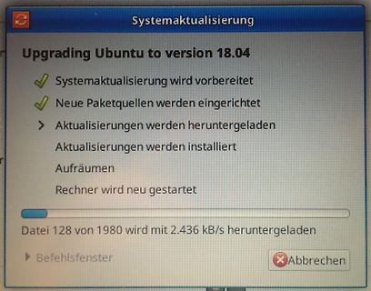 Foto eines Bildschirms mit Ubuntu-Upgrade-Prozess