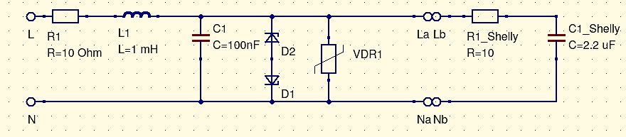 Schaltplan eines Netzfilters oder Überspannungsschutzes