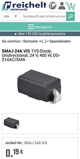 Produktseite einer TVS-Diode im Online-Shop
