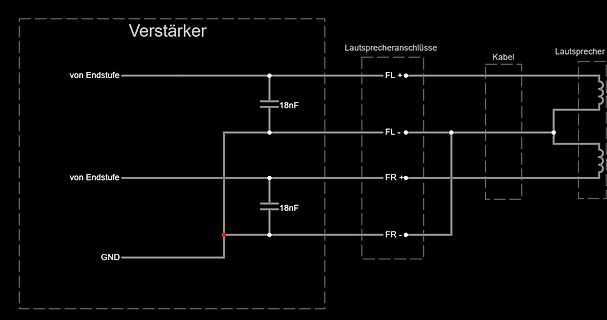 Schaltplan eines Verstärkers mit Lautsprecheranschlüssen