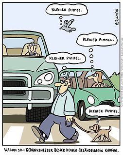 Comic mit Personen, Autos und Hund
