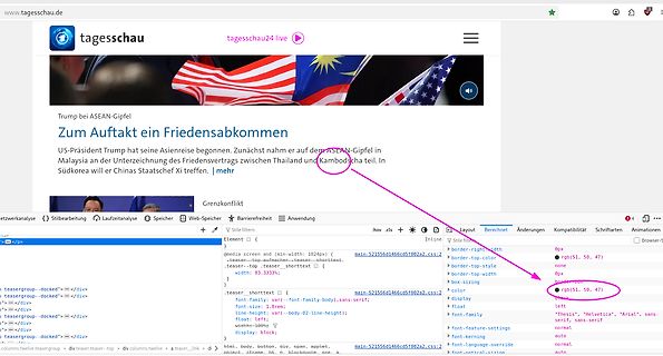 Screenshot einer Tagesschau-Webseite mit Entwickler-Tools