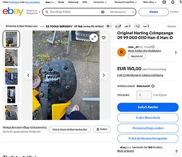 eBay Verkaufsanzeige für Harting Crimping Werkzeug