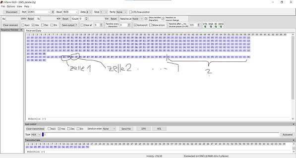 Screenshot eines Terminal-Programms mit Hex-Daten