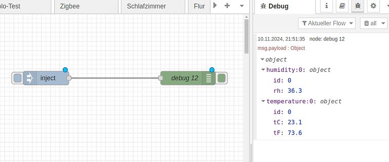 Node-RED Flow und Debug-Ausgabe mit Sensordaten