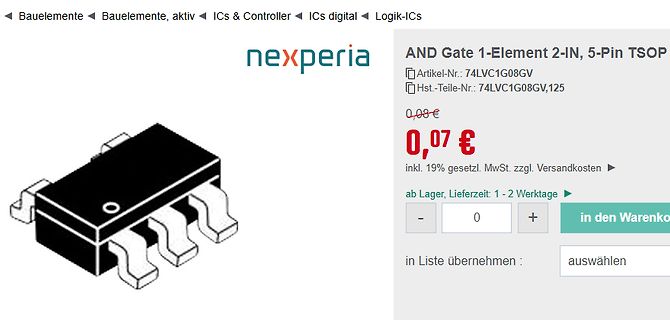 Webshop-Screenshot eines Nexperia AND Gate Bauteils