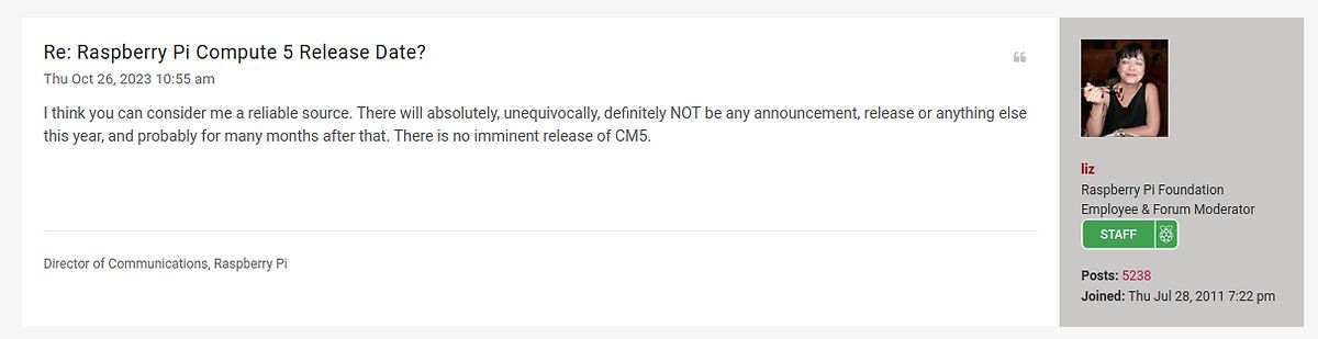Forenbeitrag zur Raspberry Pi Compute 5 Release Date