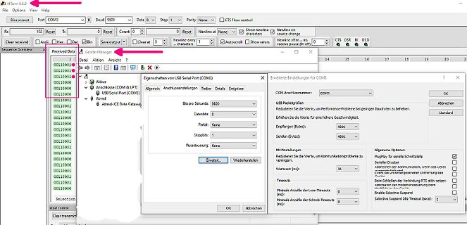 Screenshot der Software HTerm mit Serielleinstellungen