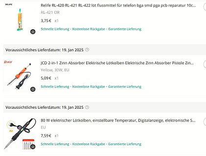 Screenshot von Online-Produktangeboten für Lötzubehör