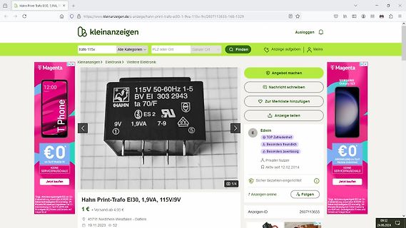 Screenshot einer Kleinanzeigen-Webseite mit Transformator-Foto