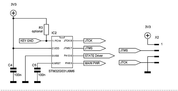 Schaltplan eines STM32G031J6M6 Mikrocontrollers