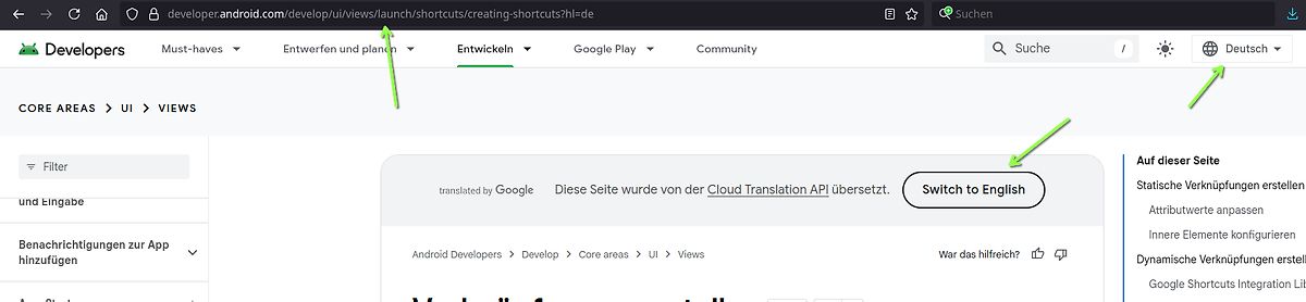 Screenshot der Android Developers Website auf Deutsch