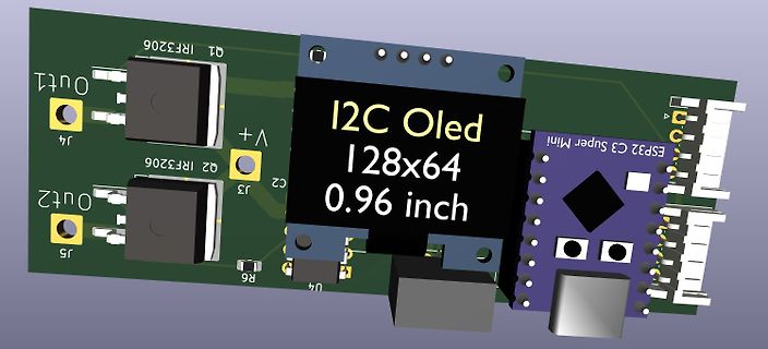 3D-Modell einer Leiterplatte mit OLED-Display und ESP32
