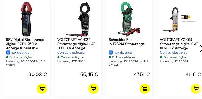 Produktübersicht digitaler Stromzangen in einem Onlineshop