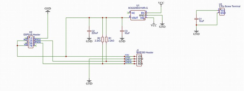 Schaltplan mit ESP01S Header und BME280 Header