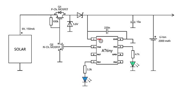 Schaltplan einer Solar-Ladeschaltung mit ATtiny