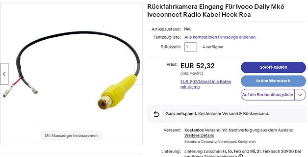 RCA-Kabel für Rückfahrkamera Iveco Daily