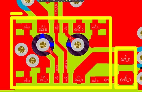 PCB-Layout Ausschnitt mit Leiterbahnen und Beschriftungen