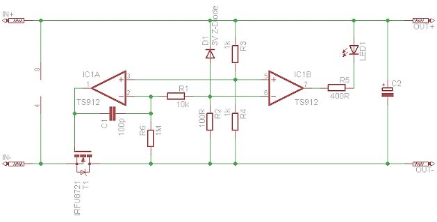 Schaltplan einer Schaltung mit Operationsverstärker und MOSFET