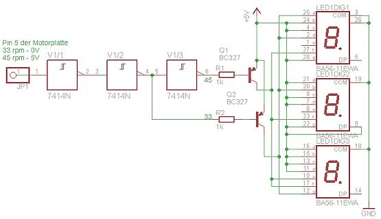 Schaltplan mit Schmitt-Trigger und 7-Segment-Anzeigen