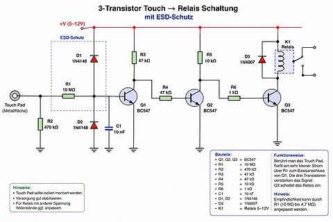 Schaltplan einer 3-Transistor-Touch-Relais-Schaltung
