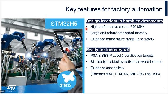 Präsentationsfolie zu STM32H5 Merkmalen für Fabrikautomatisierung