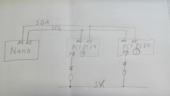 Handgezeichneter Schaltplan mit Arduino Nano und PCF8574