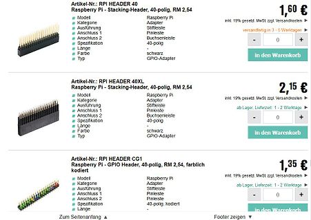 Webshop-Einträge für Raspberry Pi Header
