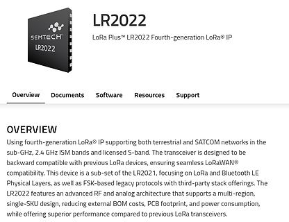 Produktseite des Semtech LR2022 LoRa Transceivers