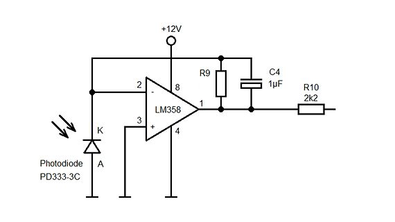 Schaltplan einer Fotodiode mit LM358 Operationsverstärker